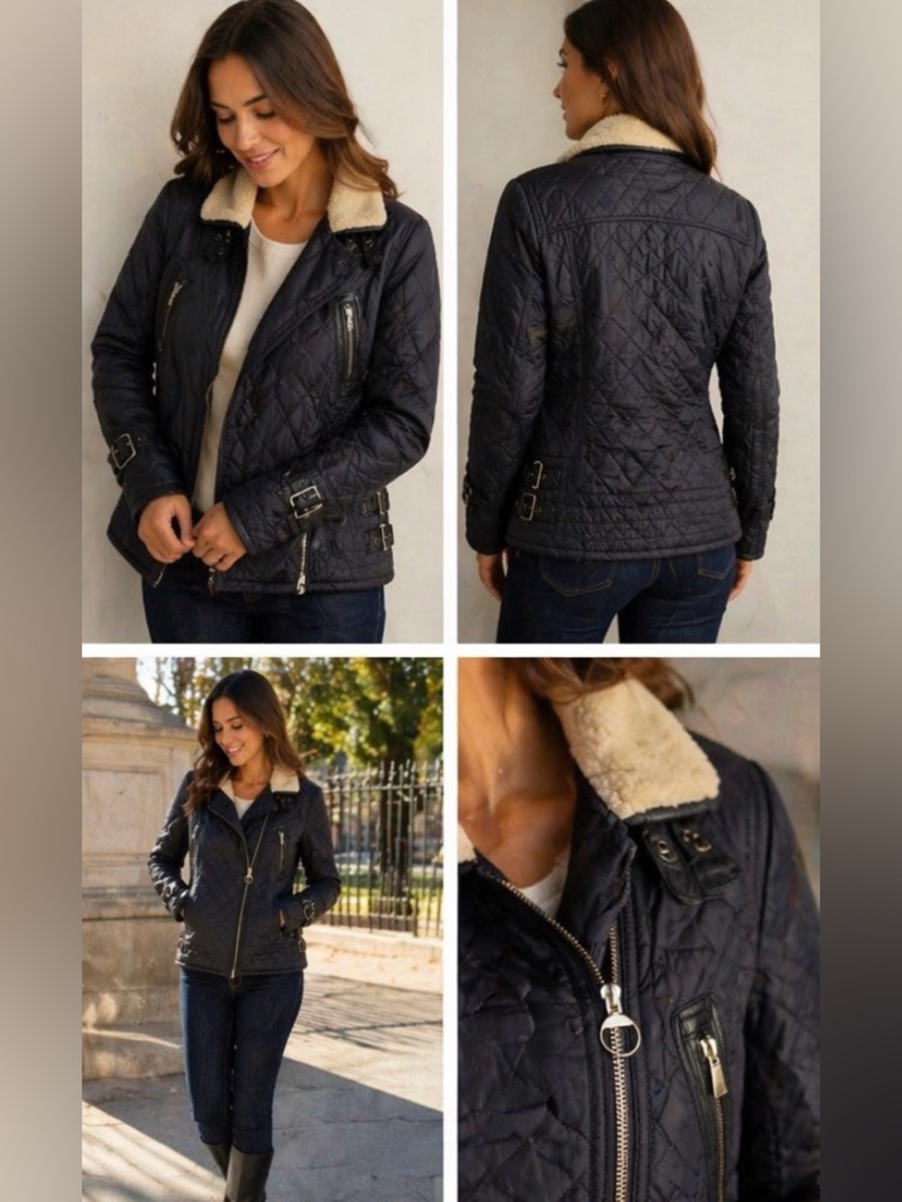 Barbour 'Battalion' Blue Quilted Bomber Jacket Womens Sz 4 US Motorcycle Sherpa